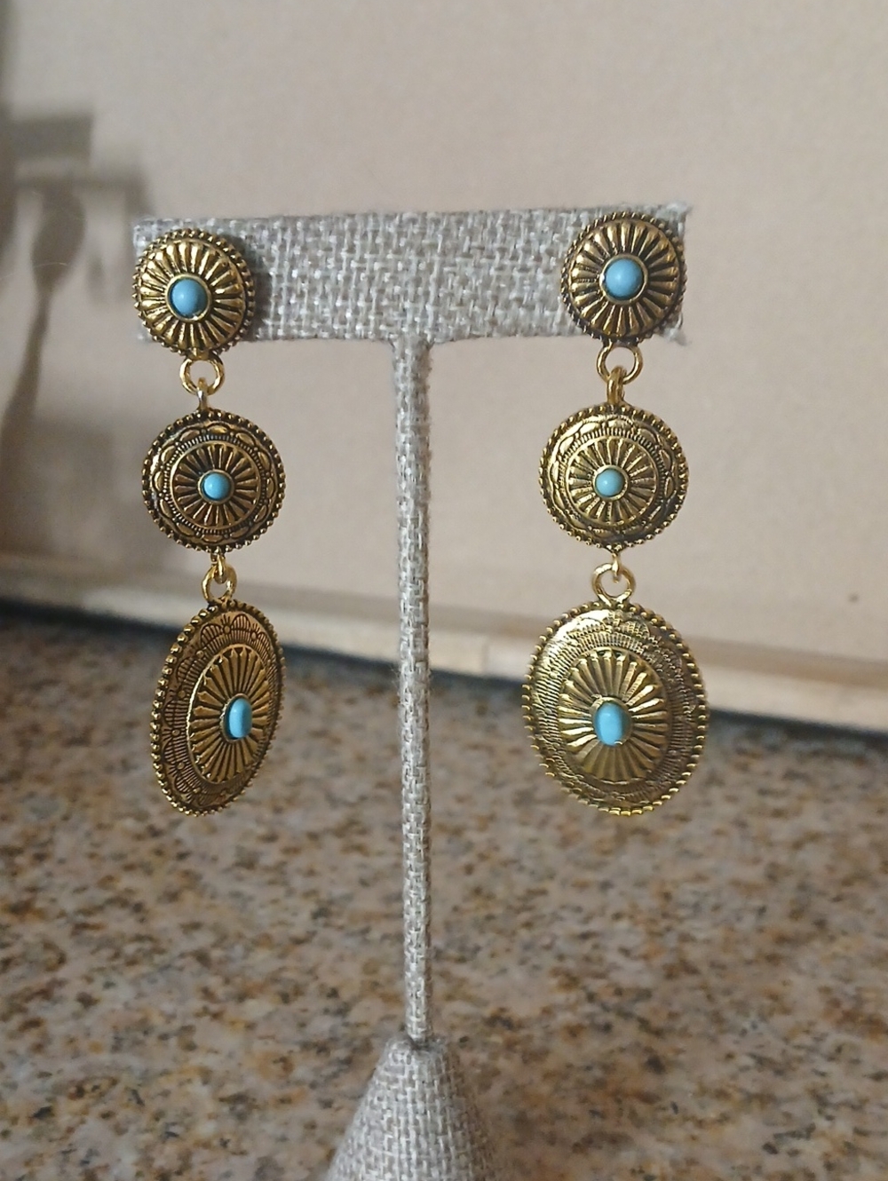 Gold Drop Earrings with Turquoise Accents - Women Jewelry